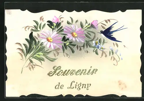 AK Ligny, Blumen und Vogel, Souvenir de Ligny