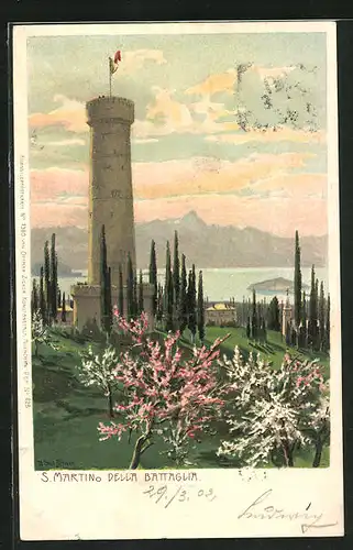 Künstler-AK Zeno Diemer: San Martino della Battaglia, Panorama mit Turm zur Frühlingsblüte