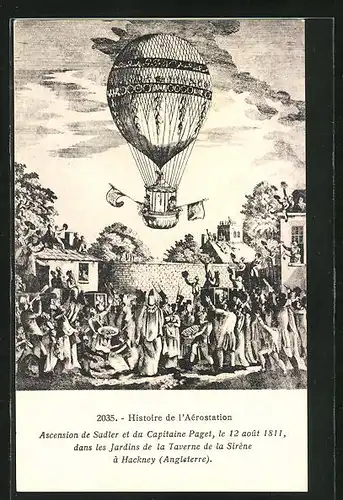 AK Histoire de l`Aerostation, Ascension de Sadler et du Capitaine Paget 12.8.1811 dans les Jardins de la Taverne