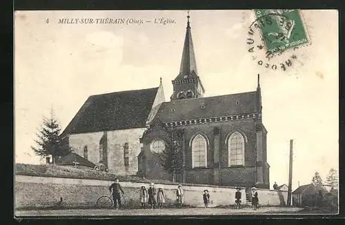 AK Milly-sur-Thérain, L`Eglise, Kinder vor der Kirche