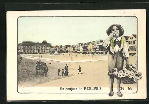 AK Beauvais, Platz mit Denkmal, Kind mit Blumenkorb