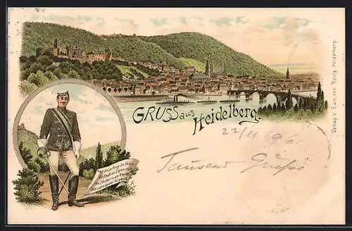 Lithographie Heidelberg, Teilansicht, Soldat mit Degen