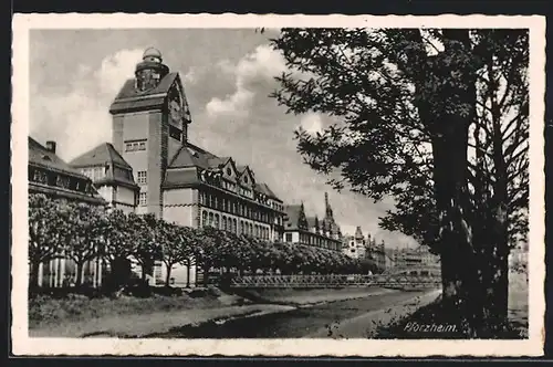 AK Pforzheim, Partie an der Enz mit Oberrealschule