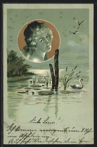 Lithographie Damenportrait auf goldenem Hintergrund, Schwäne mit Seerosen, Jugendstil