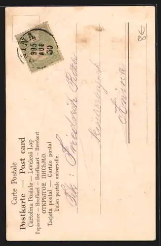 Künstler-AK Zwei hübsche junge Mädchen in Kleidern stehen vor einem Kirschbaum, Jugendstil