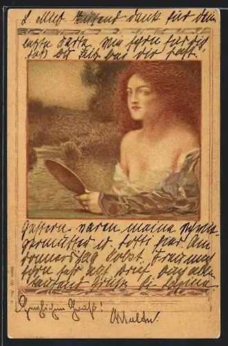 Künstler-AK Junges Mädchen mit Spiegel am See, Jugendstil