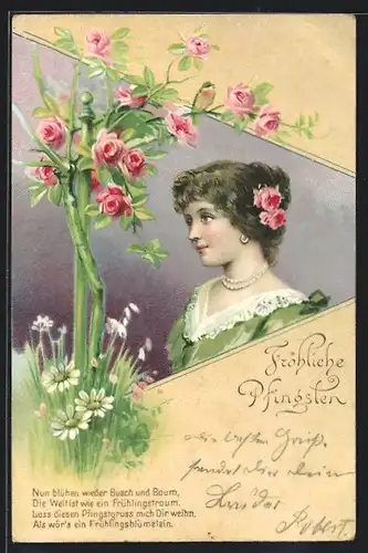AK Mein Stolz, Fräulein mit Blumen im Haar, Rosenstamm im Jugendstil