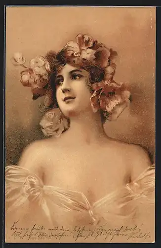 AK Maid mit Blumen im Haar, Jugendstil