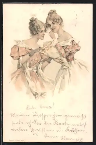 Lithographie Damen in hübschen Kleidern, Jugendstil