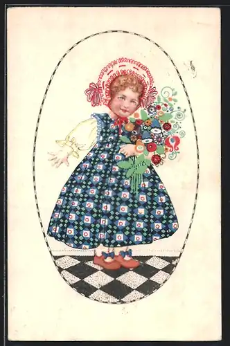 Künstler-AK süsses Mädchen mit Hut auf Fliesenboden