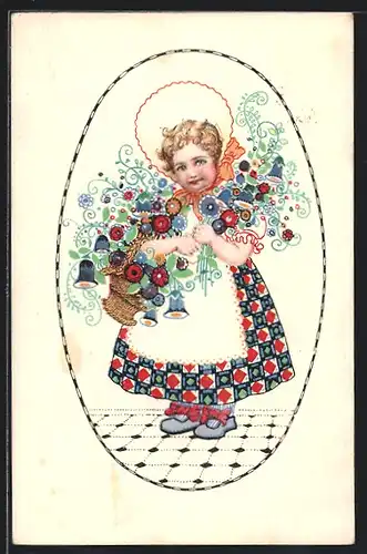 AK Mädchen mit Haube und Blumen, Jugendstil