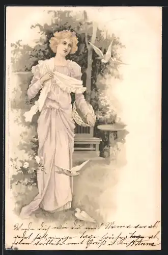 Lithographie Frau im rosafarbenen Kleid mit Tauben im Park, Darstellung im Jugendstil