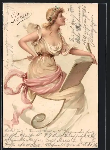 Lithographie Allegorie für Poesie, Junge Frau liest Gedichte