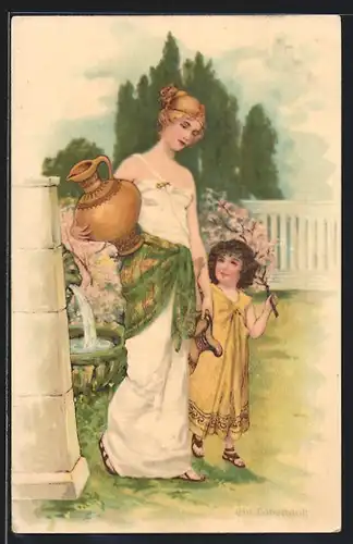 Künstler-AK Blonde Dame mit Krügen geht mit ihrer süssen Tochter Wasser holen, Jugendstil