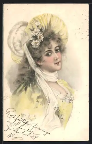 AK Fräulein im gelben Kleid mit Margeriten, Jugendstil