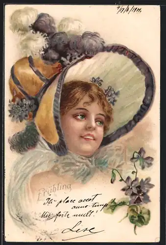 AK Dame mit Federhut im Frühling neben Veillchen, Jugendstil