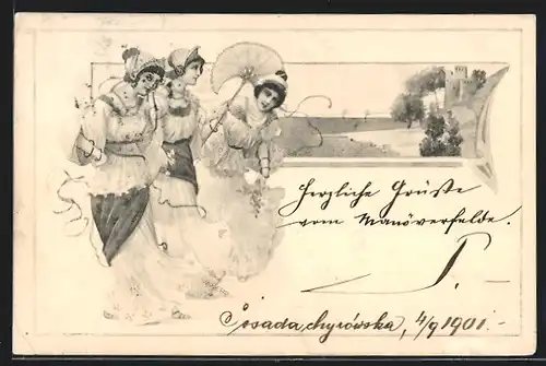 Künstler-AK M. Munk Nr. 72: Junge Damen in festlichen Kleidern im Park