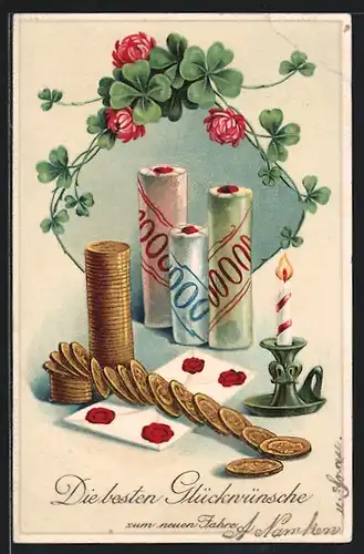 AK Geldmünzen und Kuvert mit Kleeblättern, Neujahrsgruss