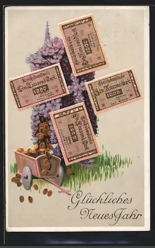 AK Reichsbanknoten Ein Tausend Mark und Geldmünzen als Geschenk zum neuen Jahr