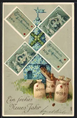 AK Windmühle aus Blumen und Geldscheinen füllt Goldmünze in Geldsäcke