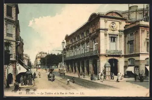 AK Reims, Le Theatre et la Rue de Vesle