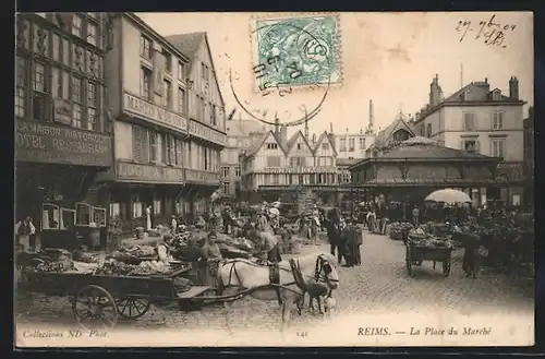 AK Reims, La place du marché, Marktstände, Pferdegespann