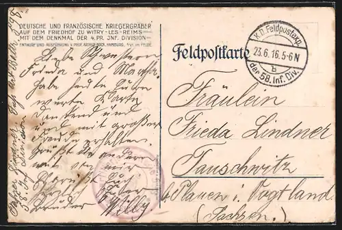 AK Witry-les-Reims, Der Heldenfriedhof, Gräber deutscher und französischer Krieger mit Denkmal d. 4. pr. J. D.