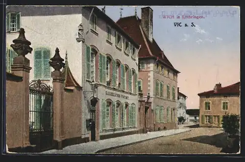 AK Wich i. Lothringen, Strassenpartie mit dem Kaiserlichen Postamt