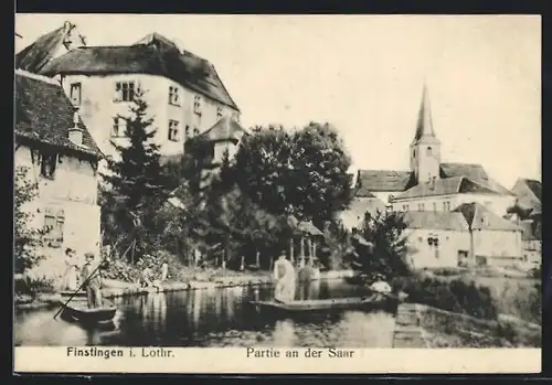 AK Finstingen i. Lothr., Partie an der Saar mit Blick zur Kirche