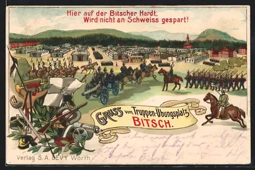 Lithographie Bitsch, Truppen-Übungsplatz Hardt mit Soldaten