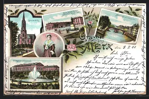 Lithographie Metz, Garnison-Kirche, Justizpalast mit Esplanade, Felsenbäder u. Liebesgarten