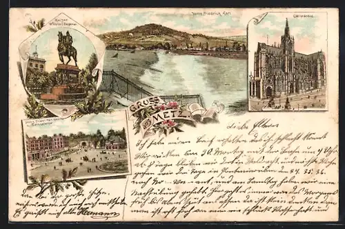 Lithographie Metz, Cathedrale, Kaiser Wilhelm I. Denkmal, Prinz Friedr. Karl Kaserne m. Bahnhofsthor