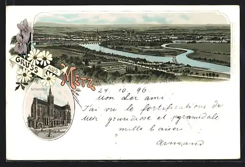 Lithographie Metz, Kathedrale, Panorama mit Fluss