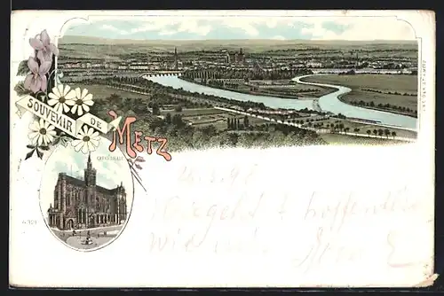 Lithographie Metz, Kathedrale, Panorama mit Fluss