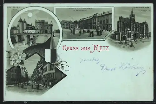 Lithographie Metz, Deutsches Tor, Römerstrasse, Kathedrale vom Paradeplatz