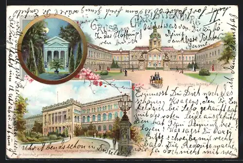 Lithographie Berlin-Charlottenburg, Köngiliches Schloss, Polytechnische Hochschule, Mausoleum I.