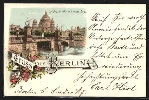 Lithographie Berlin, Schlossbrücke und neuer Dom