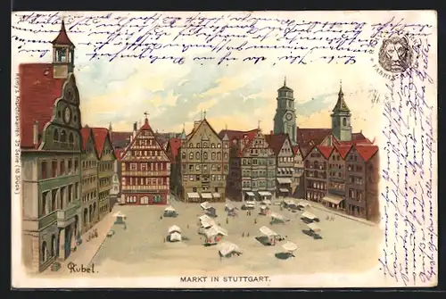 Lithographie Stuttgart, Markt mit Marktständen aus der Vogelschau