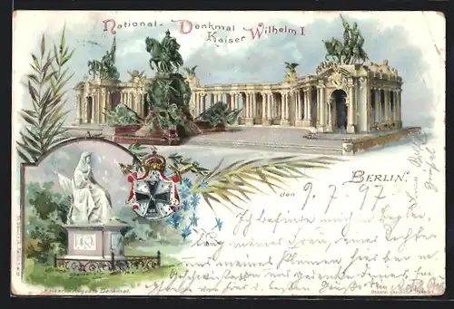 Lithographie Berlin, National-Denkmal Kaiser Wilhelm I. und Kaiserin-Auguste-Denkmal