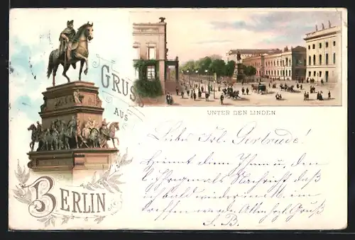 Lithographie Berlin, Strasse Unter den Linden mit Denkmal
