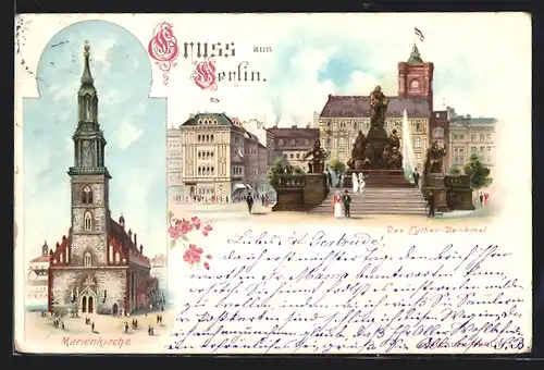 Lithographie Berlin, Marienkirche und Luther-Denkmal am Neuen Markt