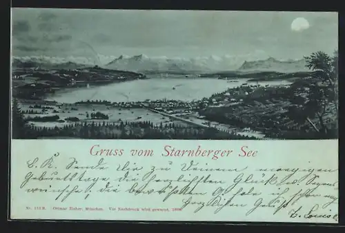 Mondschein-AK Starnberg, Starnberger See, mit Bergpanorama im Licht des Mondes
