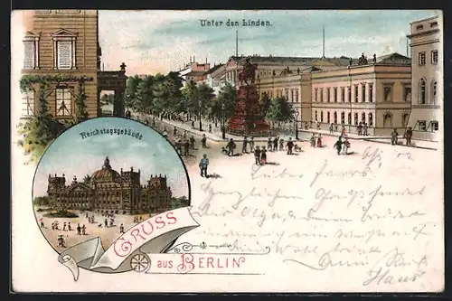 Lithographie Berlin, Unter den Linden mit Monument, Reichstagsgebäude