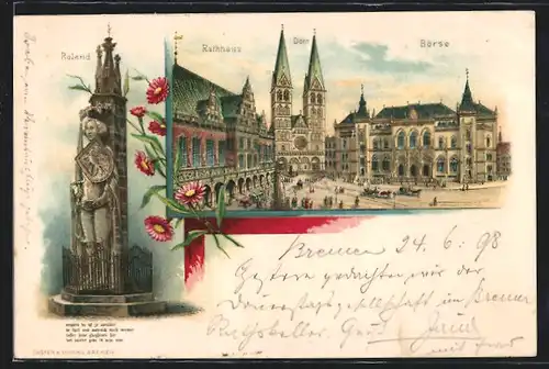 Lithographie Bremen, Rathaus, Dom und Börse, Platz mit Pferdebahn