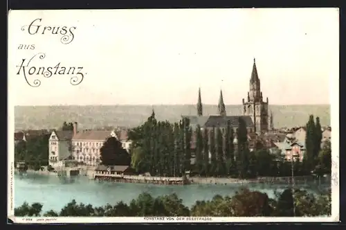 Lithographie Konstanz, Blick auf die Stadt am Bodensee