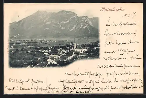 AK Partenkirchen, Blick auf die Stadt mit den Bergen im Hintergrund