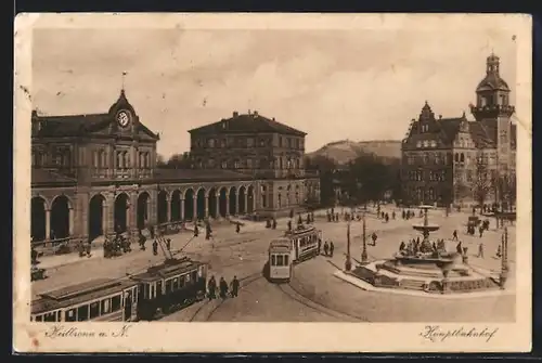 AK Heilbronn, Der Hauptbahnhof mit Strassenbahnen im Vordergrund