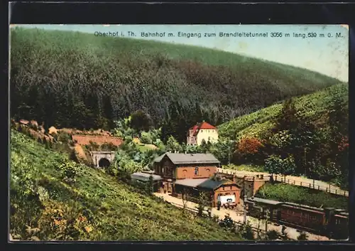 AK Oberhof, Bahnhof mit dem Eingang zum Brandleitetunnel, Zug