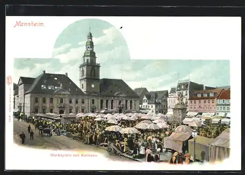 Lithographie Mannheim, Marktplatz mit Rathaus