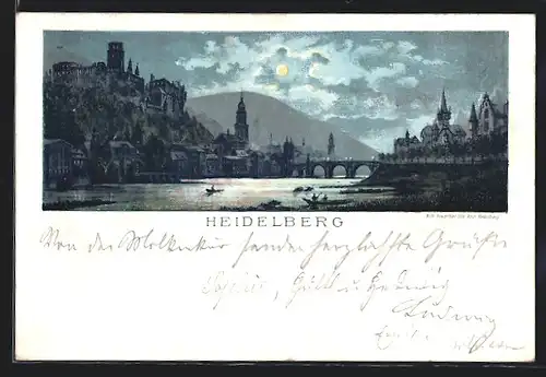 Lithographie Heidelberg, Teilansicht mit Brücke